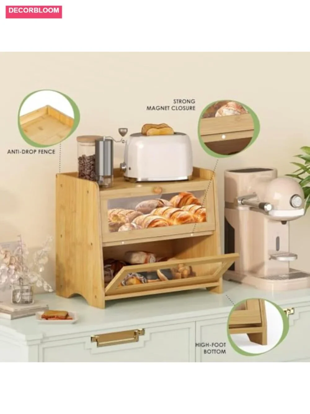 Double Layer Bamboo Bread Box with Acrylic Window for Kitchen Counter